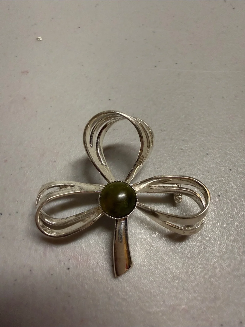 Silver Bow Brooch with Olive Green Center